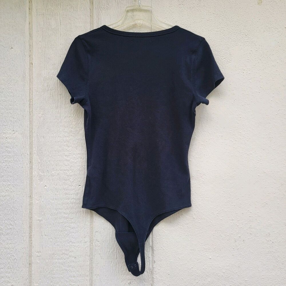 Abercrombie And Fitch Bodysuit Womens XL Black Henley Snap Top Ribbed Thong - Picture 2 of 4